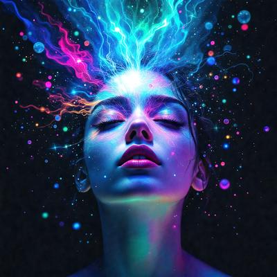 The primary subject of the image is a woman with a colorful, psychedelic background. She is looking upward, possibly experiencing a moment of inspiration or creativity. The setting is a dark, moody environment, which contrasts with the vibrant colors of the woman's hair and the background. The visual style is a combination of photo and digital art, creating a unique and artistic representation of the woman's expression. The colors and mood of the image are predominantly blue and purple,